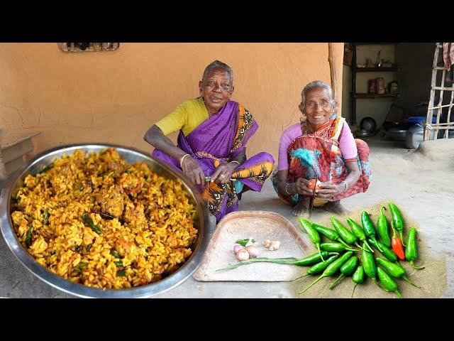 Rice chicken fry and green chilli pokora cooking by tribal village grandmother | village cooking