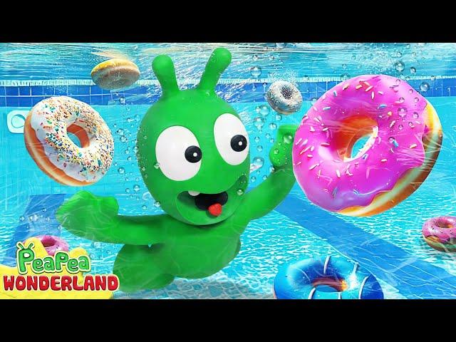 Pea Pea tries to get Donut and goes swimming at summer pool - Cartoon for kids - PeaPea Wonderland