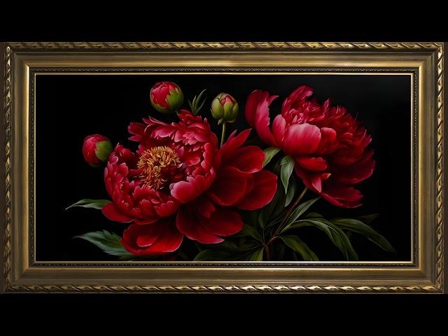 Scarlet Peony Flowers Still Life Painting, Moody Realistic Decor | Framed TV Art