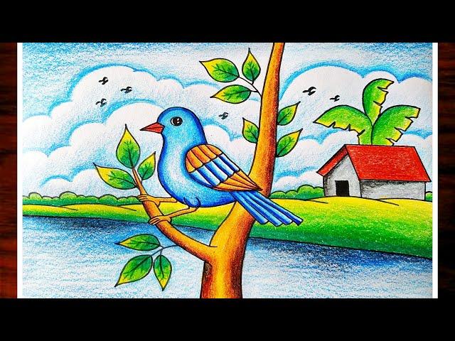 Bird Drawing|How To Draw A Bird Scenery|Bird Scenery Drawing Easy For Beginners|Anusree Artwork