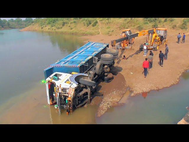 TATA Dump Truck Jumped in the River Pulling by 2 Cranes ACE Hydra Escort Hydra Crane Machine