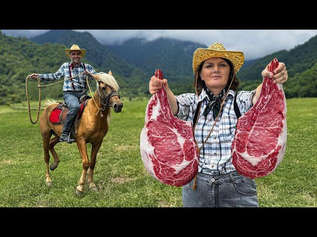 Tomahawk Ribeye Marble Steaks Roasting on Open Fire! Outdoors Cooking in the Beautiful Mountains