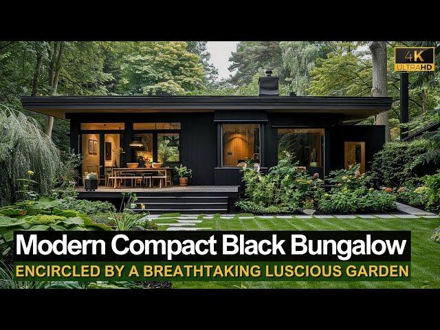 Discover This Modern Compact Black Bungalow Encircled by a Breathtaking Luscious Garden