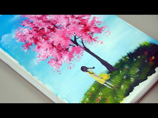 Acrylic Painting  | Under Cherry Blossom Tree | Swab Art | Step by Step for Beginner | Art Challenge