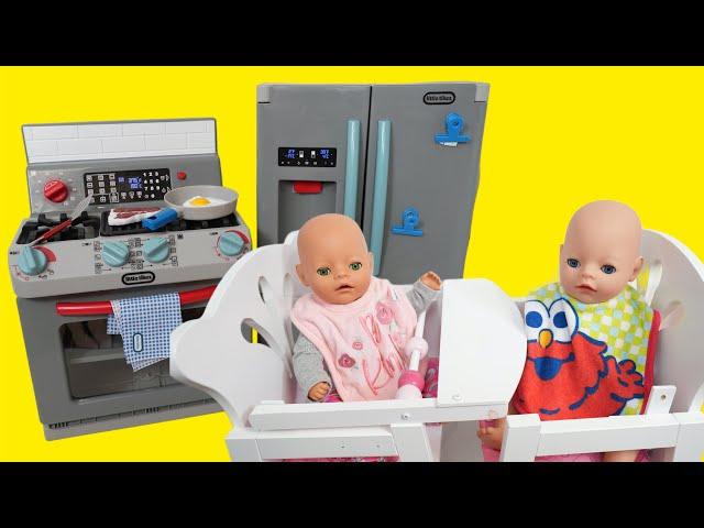 Baby Born dolls Lunch Routine with Little tikes Fridge and stove Kitchen