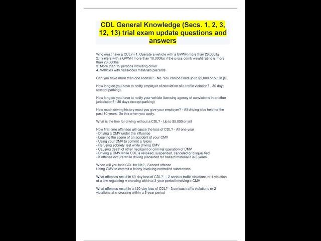 CDL General Knowledge Secs  1, 2, 3, 12, 13 trial exam update questions and answers