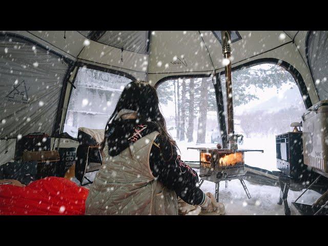 Camping alone in a snowy forest with transparent window tent / Cozy setup / Snow sound ASMR