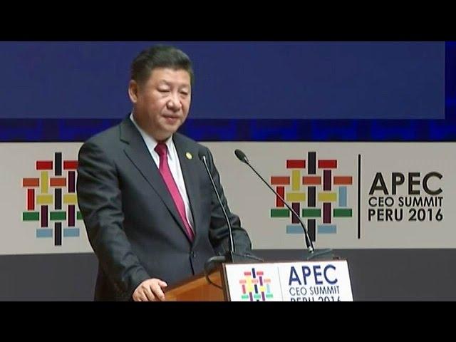 中国国家主席习使用的语言在亚太经合组织首脑会议在秘鲁利马 Chinese President Xi Jinping Speaks at the APEC Summit in Lima Peru