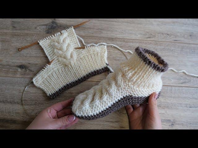 Следки – сапожки с косами спицами | Homemade knitted slippers