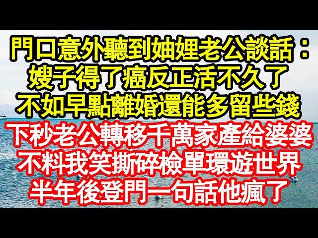 門口意外聽到妯娌和老公談話：嫂子得了癌反正活不久了，不如早點離婚還能多留些錢，下秒老公轉移千萬家產給婆婆，不料我笑撕碎檢單環遊世界，半年後登門一句話他瘋了真情故事會||老年故事||情感需求|愛情|家庭