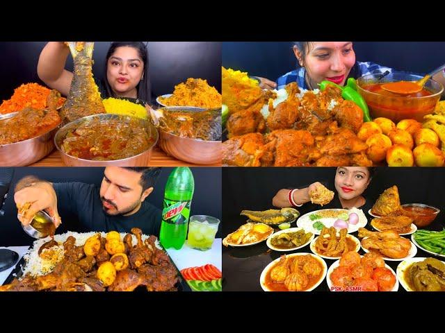 ASMR; EATING SPICY*CHICKEN CURRY,WHOLE FISH/EGG CURRY,PULAO,BRIYANI,RICE EATING CHALLENGE MUKBANG 2X