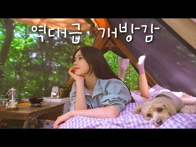 Solo camp in an open tent | Boiled pork, spicy noodles, and a glass of makgeolli