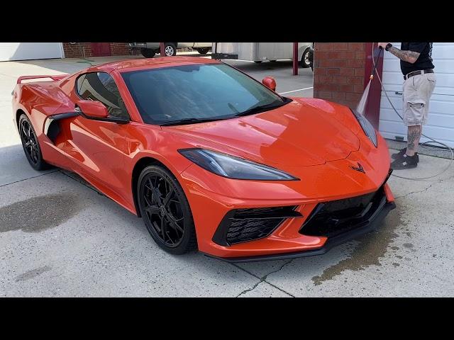 Corvette getting prepped for paint protection film at DeDona Tint and Sound.