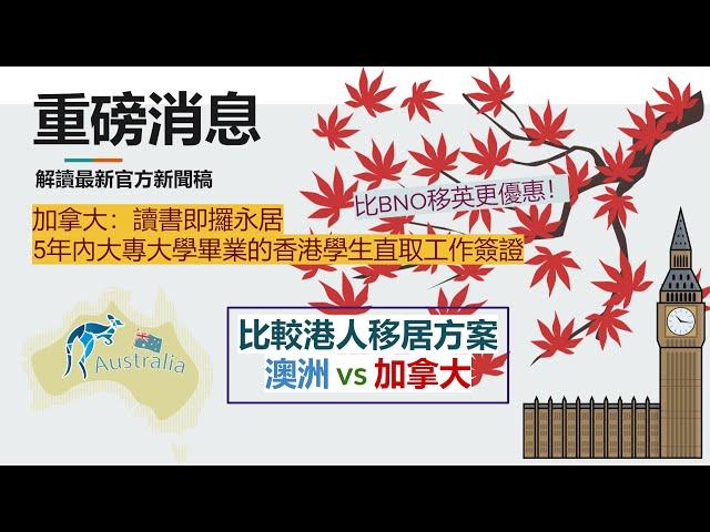 超級重磅移民消息港人救生艇計劃：加拿大遠比澳洲優厚識睇梗係睇官方新聞稿去加拿大讀書極速取永居5年內自大專大學畢業直攞工作簽證仲優惠過英國BNO簽？