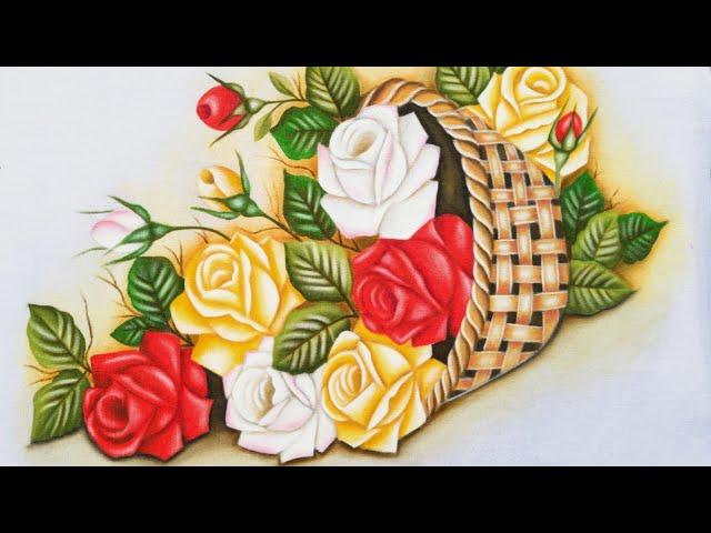 cesta com Rosas vermelhas, Rosas Amarelas e rosas brancas. Pintura em tecido