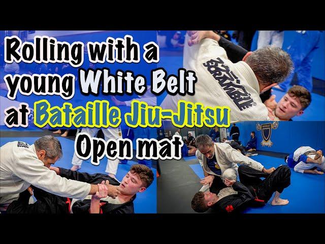 Rolling with a young White belt at Bataille Jiu-jitsu Open mat
