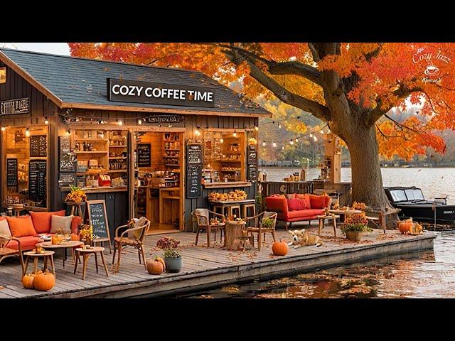 Enchanting Autumn Jazz Music to Relax  Lakeside Coffee Shop Ambience ~ Poetic Scenery of Fall