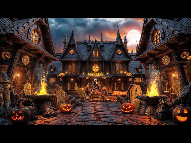 Cozy Haunted Village Haloween Ambience  Relaxing Crackling Fire & Night Nature Sounds, White Noise