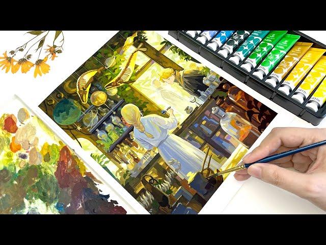 Relaxing Painting Video｜Witch's Potion Shop｜Gouache Painting Process｜Tutorial｜Paint with Me｜Autumn 