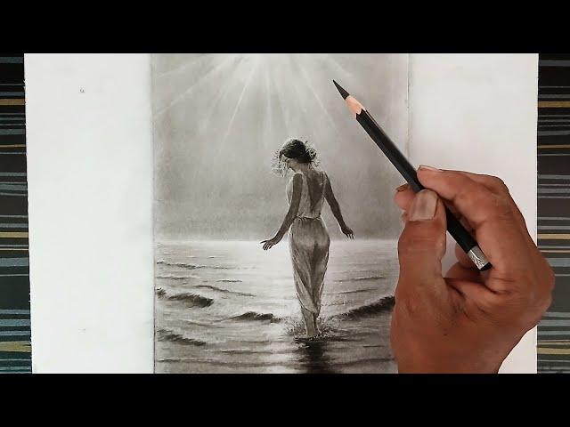 Pencil drawing landscape of a girl on sunlight beach .