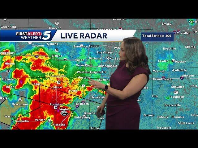 Severe storms developing in central Oklahoma, bringing strong winds heavy rain