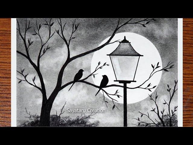 How to Draw Scenery of Moonlight Night by pencil sketch, Love Birds Scenery Drawing