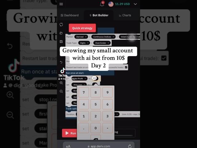 Growing my small account with Ai bot from 10$ Day2 #deriv #forextrading #derivbot #aibot #bottrading