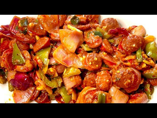 Sausage chilli / how to make chilli sausage / sausage chilli fry indian recipe