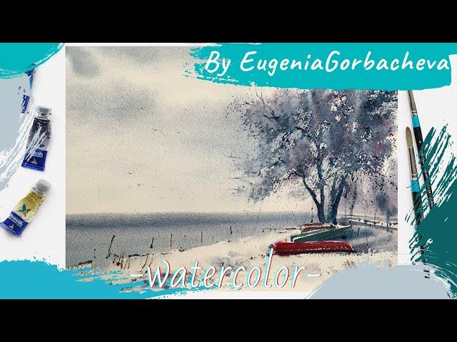 Watercolor Painting Real time process | Boats on the shore | by Eugenia Gorbacheva