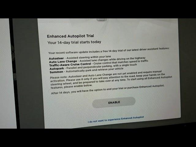 Tesla Model 3 update 8/25/18. EAP Enhanced Autopilot 14 Day Trial Nag Screen Blocks Other Controls