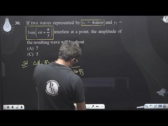 If two waves represented by y1 = 4sinωt and y2 = 3sinωt+π3 interfere at a po....