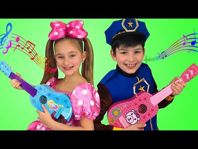 Sasha and Max plays Toy Guitar Music Challenge and sing Kids Nursery rhymes Songs