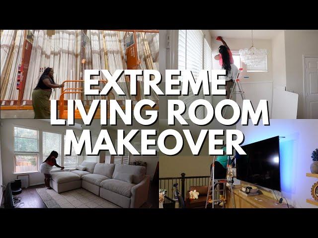 EXTREME LIVING ROOM  MAKEOVER ||  DIY PROJECTS, NEW FURNITURE, RENTER FRIENDLY TIPS