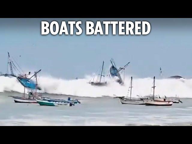 Watch terrifying moment massive freak waves smash into boats & swamp seaside towns in Peru