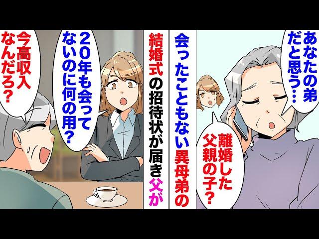 【漫画】会ったこともない異母弟から結婚式の招待状が届いた。私「なんで私の住所知ってるの…？」20年前に家を出て行った父の子だろうと推測したが行く義理などないのでスルーしていると…