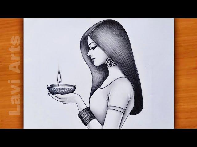 How to draw Girl with Diya / Diwali Drawing / Diwali Drawing Easy / Happy Diwali Drawing / Chitra