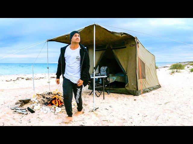 Solo Winter Camping On Remote Beach - Prawn Catch and Cook in a Storm