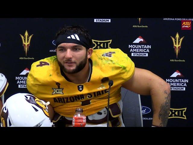 Cameron Skattebo, C.J. Fite, Leif Fautanu, Sam Leavitt after ASU's 30-23 win over Mississippi State