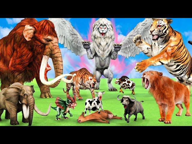 5 Giant Tiger Wolf vs Elephant Bull Cow Gorilla Dinosaur Fight Cow Cartoon Buffalo Saved By Mammoth