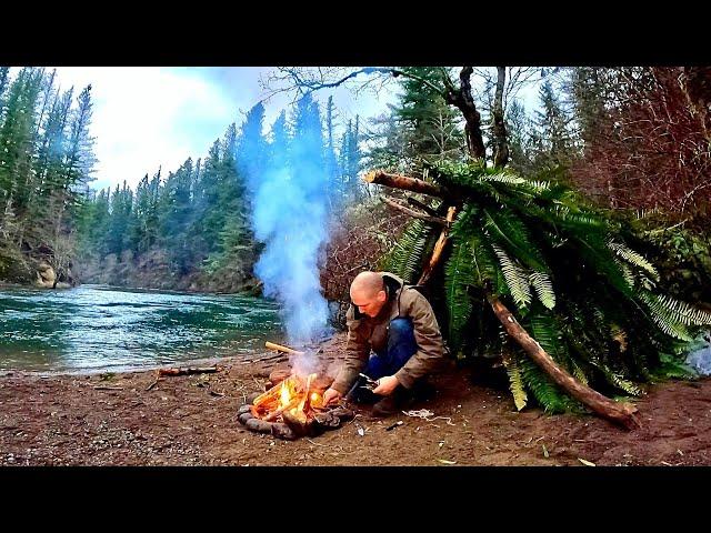 SOLO BUSHCRAFT FISHING HUT BUILD!!! Catching Salmon & Trout!