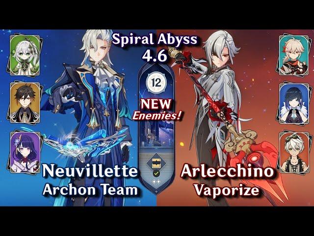 NEW SPIRAL ABYSS 4.6! C0 Arlecchino Vaporize & C0 Neuvillette Hyperbloom | Floor 12 9 Star | Genshin