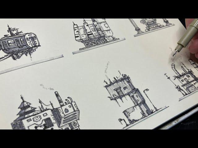 Drawing and illustrating CyberPunk apocalyptic buildings