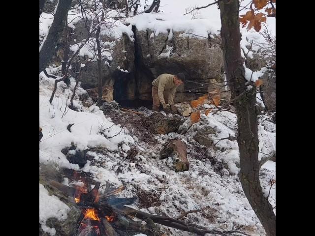 Winter Camping in Stone Shelter on Mountain Top