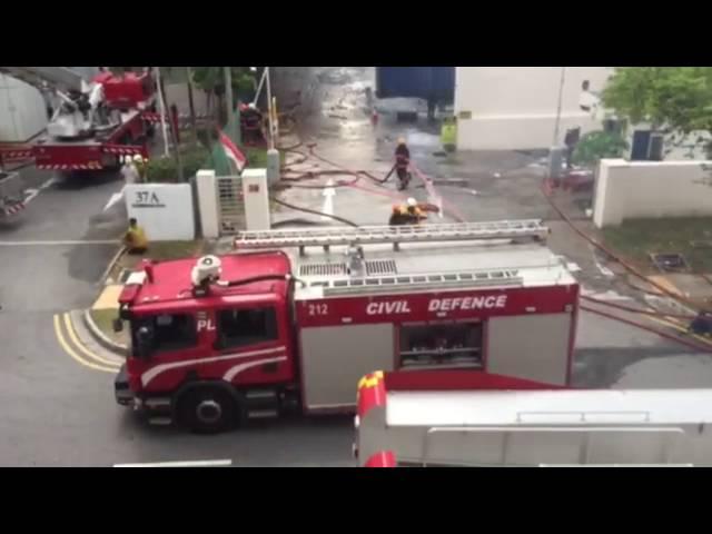 SCDF spraying jets of water at the C K Building fire