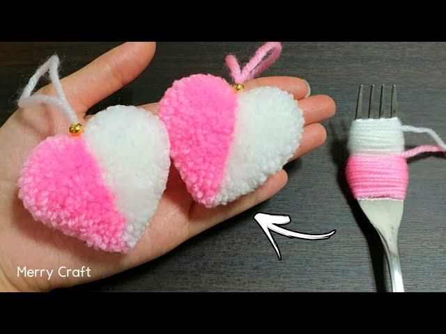 Super Easy Pom Pom Heart Making with Fork - Amazing Craft Ideas with Wool - How to Make Yarn Heart