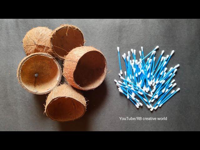 Waste Coconut Shell and Earbuds Craft Idea | How to Make Flower Vase