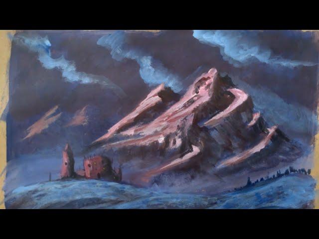 Moody Castle in front of the Mountain - Acrylic Painting