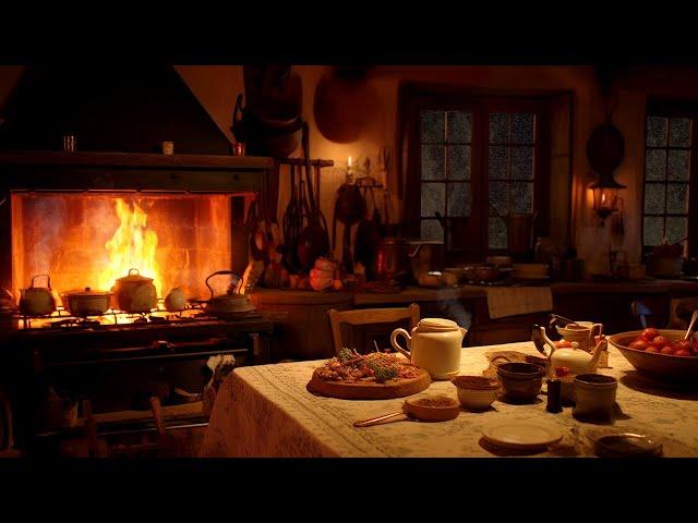 Cozy Rural Kitchen Ambience | Snow Storm, Crackling Wood Fire and Softly Bubbling Stew | 6 Hours