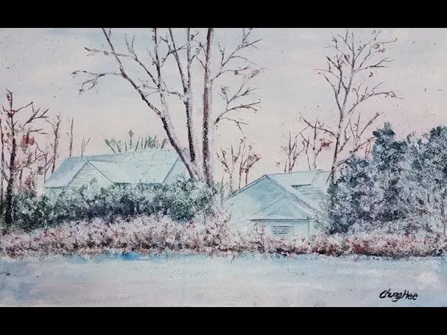 Painting Rural Winter Houses with Watercolor : 겨울 농가 그리기 , 설경 그리기 , 겨울 풍경 그리기