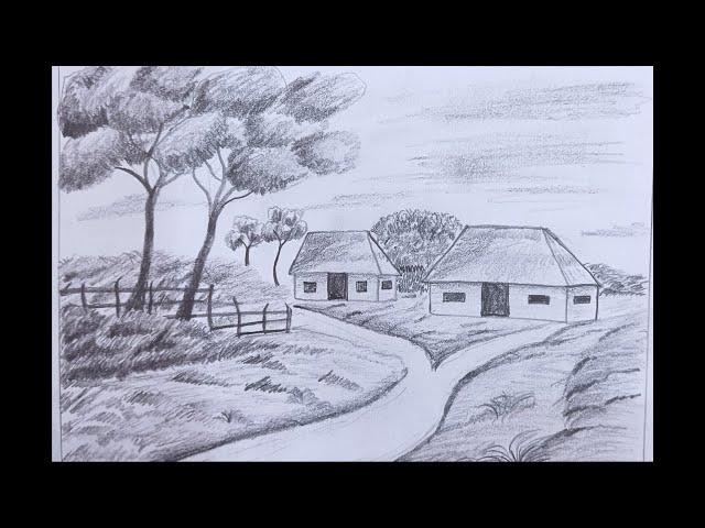 How To Drawing Village Scenery || Beautiful Scenery Drawing || Pencil Sketch || Ashiq Art